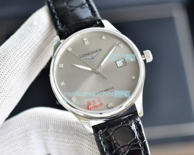 Best Replica Longines Grey Dial Stainless Steel Case Black Leather Strap Watch
